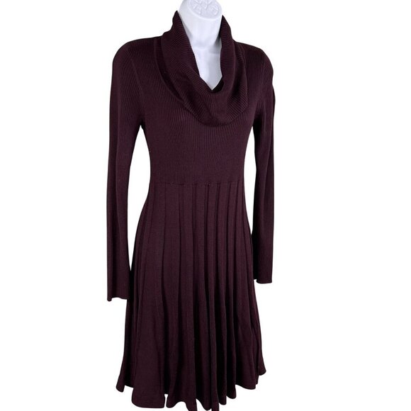 Calvin Klein Womens S Burgundy Ribbed Knit Cowl Neck Fit Flare Pleated Dress - Picture 5 of 16